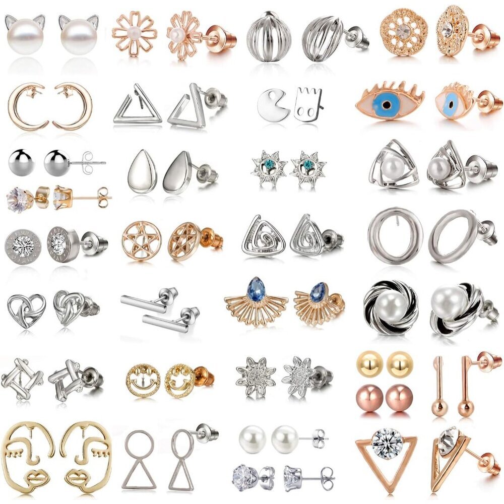 32 Pairs Assorted Stainless Steel Stud Earrings for Teens Girls Women-Cute Anima